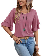 Rose-Women's Shirt Ruffle Sleeve T-Shirt V-Neck Double Layer Bell Sleeve Top