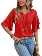 Red - Women's Shirt Ruffle Sleeve T-Shirt V-Neck Double Layer Bell Sleeve Top