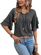 Grey-Women's Shirt Ruffle Sleeve T-Shirt V-Neck Double Layer Bell Sleeve Top