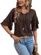 Coffee Brown-Women's Shirt Ruffle Sleeve T-Shirt V-Neck Double Layer Bell Sleeve Top