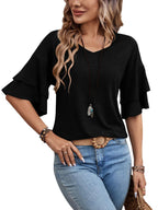 Black - Women's Shirt Ruffle Sleeve T-Shirt V-Neck Double Layer Bell Sleeve Top