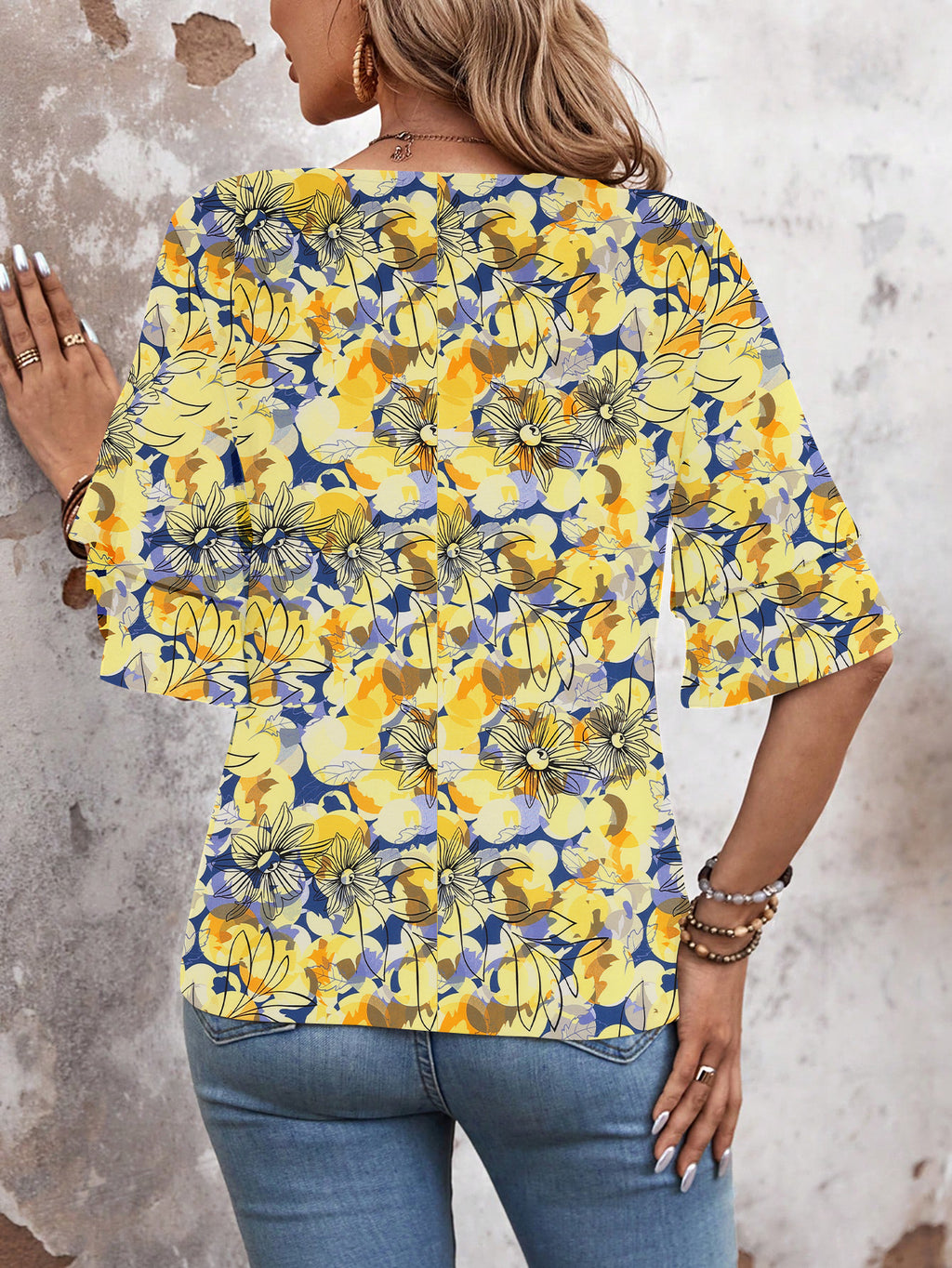 Floral Yellow-Women's Shirt Ruffle Sleeve T-Shirt V-Neck Double Layer Bell Sleeve Top