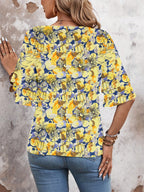 Floral Yellow-Women's Shirt Ruffle Sleeve T-Shirt V-Neck Double Layer Bell Sleeve Top