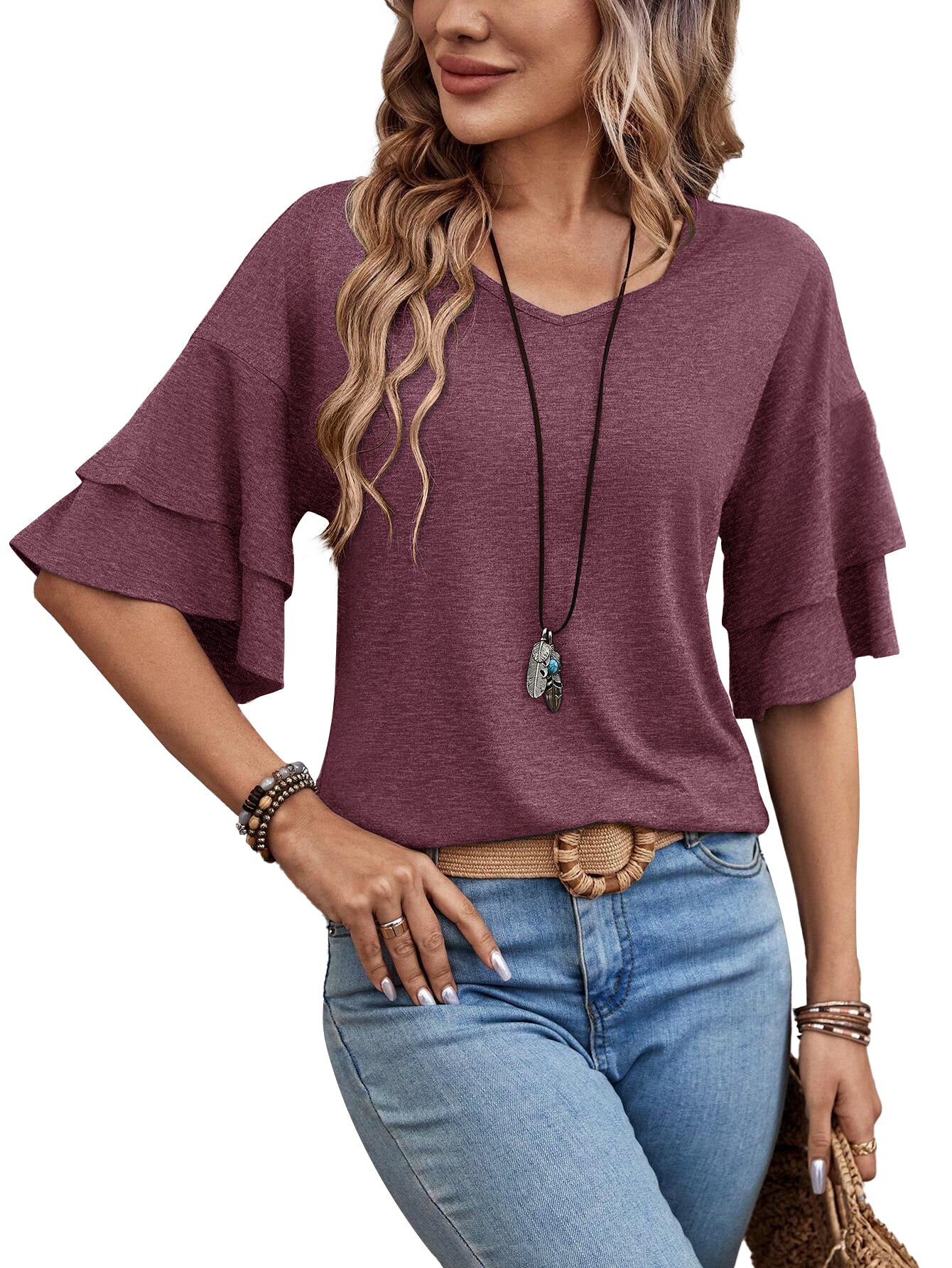 Redwood-Women's Shirt Ruffle Sleeve T-Shirt V-Neck Double Layer Bell Sleeve Top