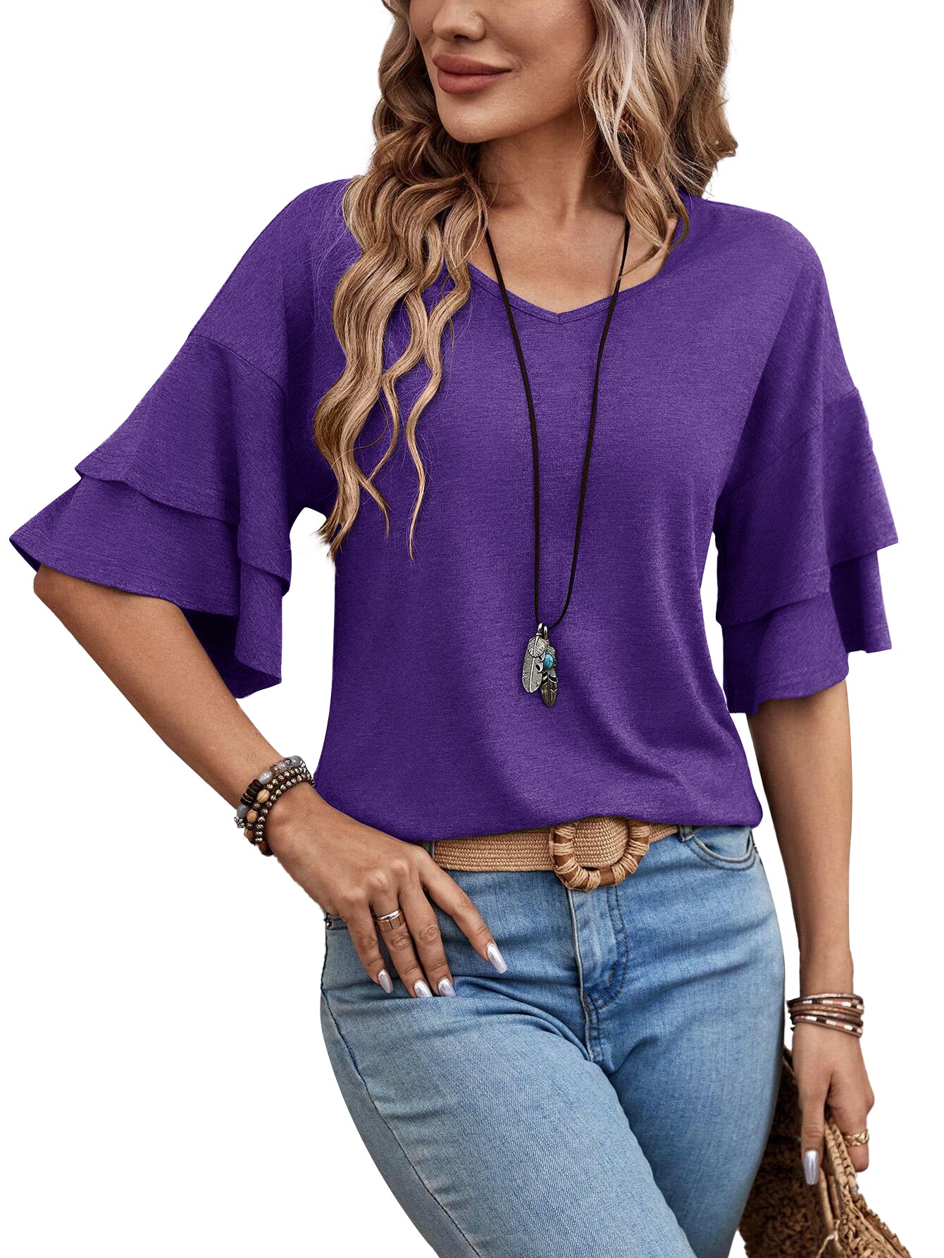 Purple - Women's Shirt Ruffle Sleeve T-Shirt V-Neck Double Layer Bell Sleeve Top