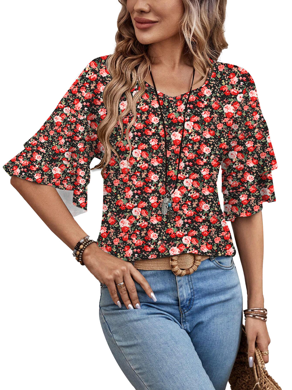 Floral Red White-Women's Shirt Ruffle Sleeve T-Shirt V-Neck Double Layer Bell Sleeve Top