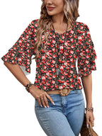 Floral Red White-Women's Shirt Ruffle Sleeve T-Shirt V-Neck Double Layer Bell Sleeve Top