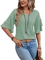 Grass Green-Women's Shirt Ruffle Sleeve T-Shirt V-Neck Double Layer Bell Sleeve Top
