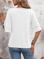 White - Women's Shirt Ruffle Sleeve T-Shirt V-Neck Double Layer Bell Sleeve Top