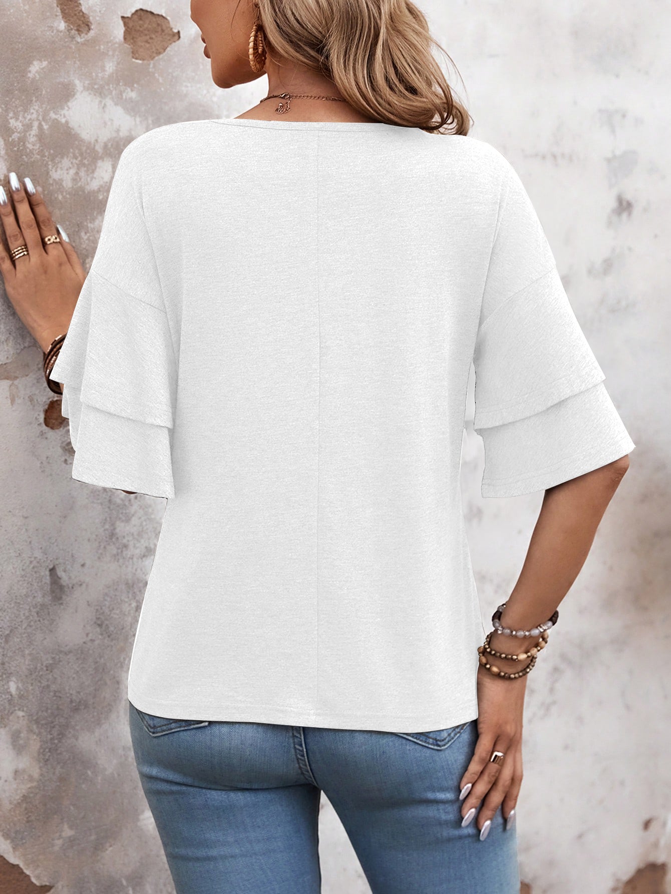 White - Women's Shirt Ruffle Sleeve T-Shirt V-Neck Double Layer Bell Sleeve Top