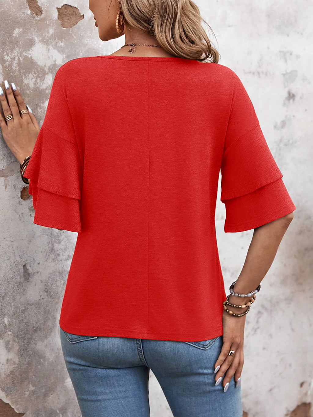 Red - Women's Shirt Ruffle Sleeve T-Shirt V-Neck Double Layer Bell Sleeve Top