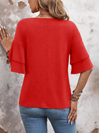 Red - Women's Shirt Ruffle Sleeve T-Shirt V-Neck Double Layer Bell Sleeve Top