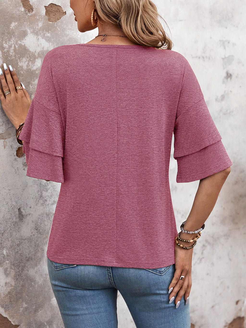 Rose-Women's Shirt Ruffle Sleeve T-Shirt V-Neck Double Layer Bell Sleeve Top