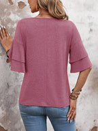 Rose-Women's Shirt Ruffle Sleeve T-Shirt V-Neck Double Layer Bell Sleeve Top