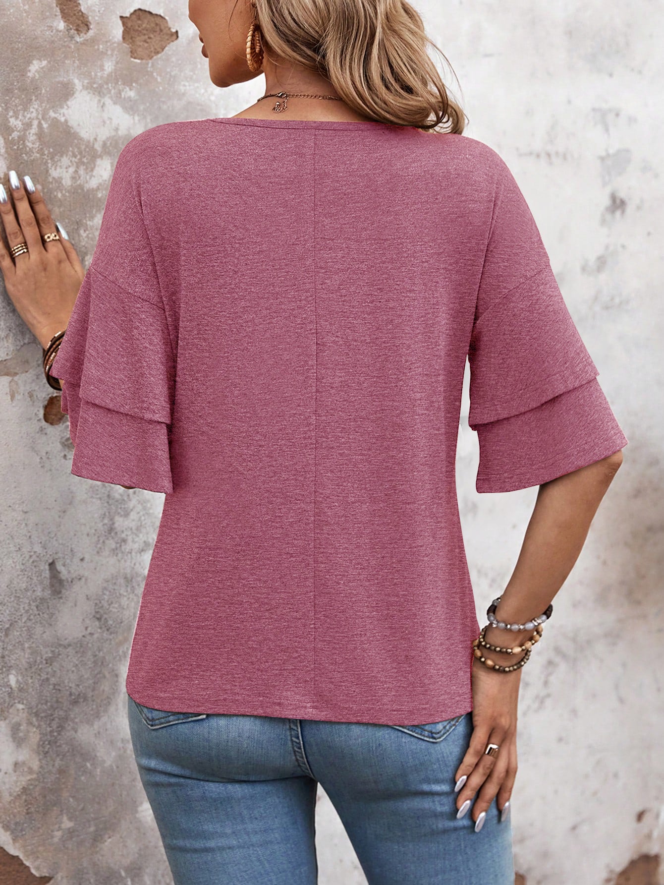 Rose-Women's Shirt Ruffle Sleeve T-Shirt V-Neck Double Layer Bell Sleeve Top
