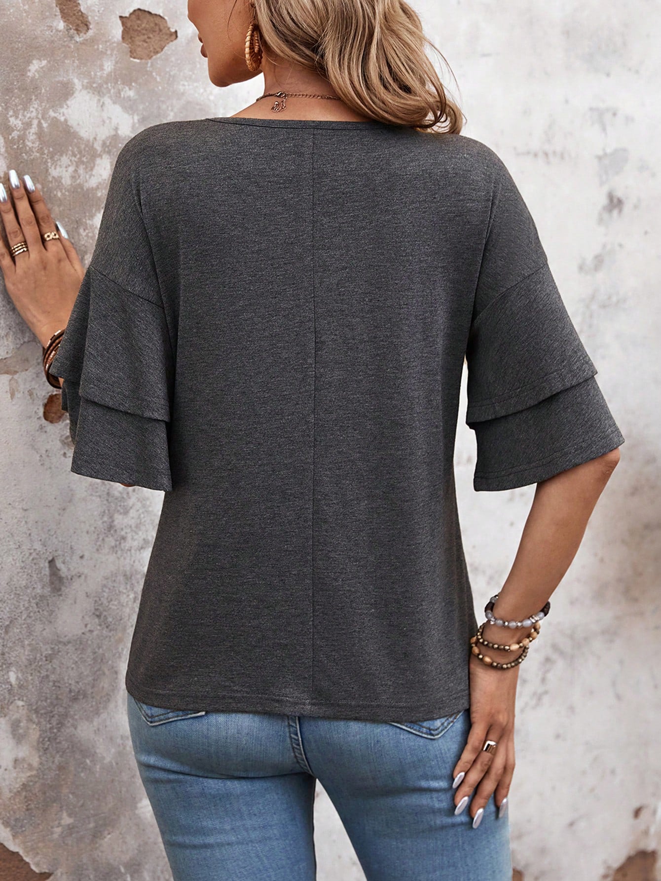 Grey-Women's Shirt Ruffle Sleeve T-Shirt V-Neck Double Layer Bell Sleeve Top
