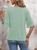 Grass Green-Women's Shirt Ruffle Sleeve T-Shirt V-Neck Double Layer Bell Sleeve Top