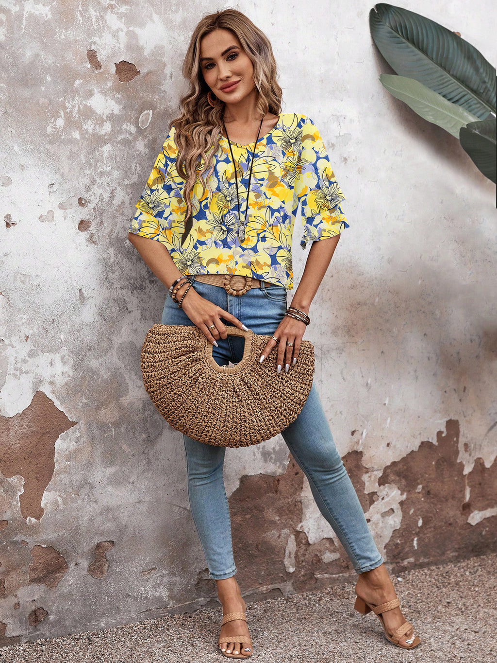 Floral Yellow-Women's Shirt Ruffle Sleeve T-Shirt V-Neck Double Layer Bell Sleeve Top