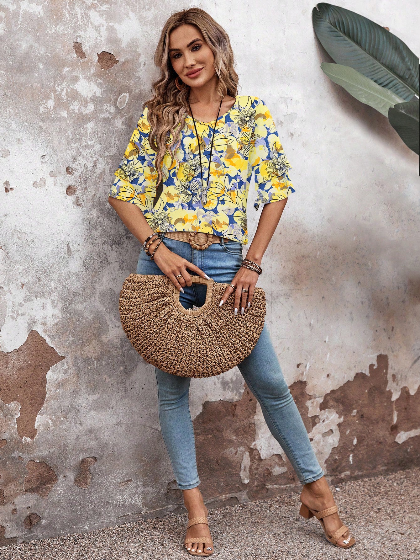Floral Yellow-Women's Shirt Ruffle Sleeve T-Shirt V-Neck Double Layer Bell Sleeve Top