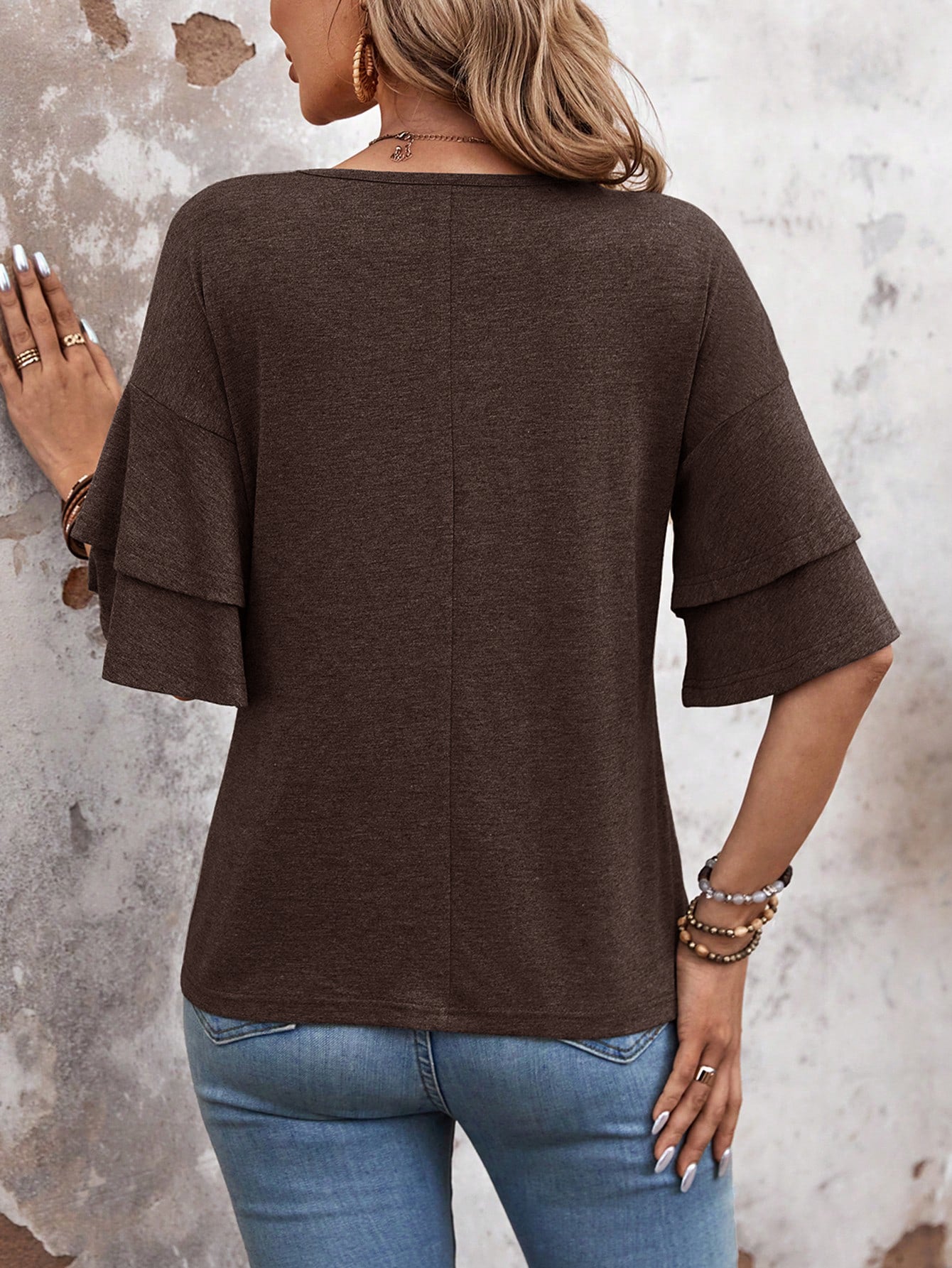 Coffee Brown-Women's Shirt Ruffle Sleeve T-Shirt V-Neck Double Layer Bell Sleeve Top
