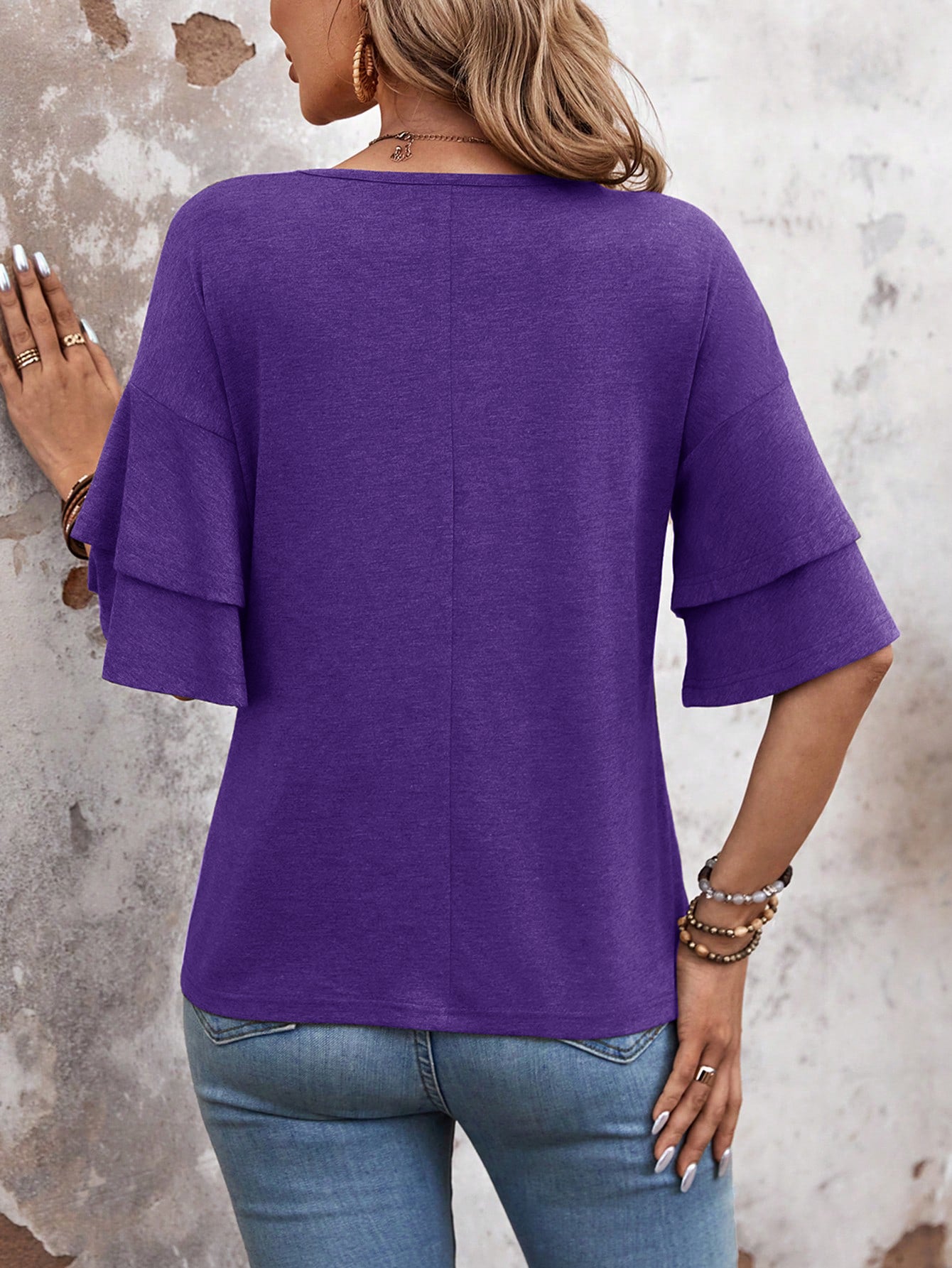 Purple - Women's Shirt Ruffle Sleeve T-Shirt V-Neck Double Layer Bell Sleeve Top