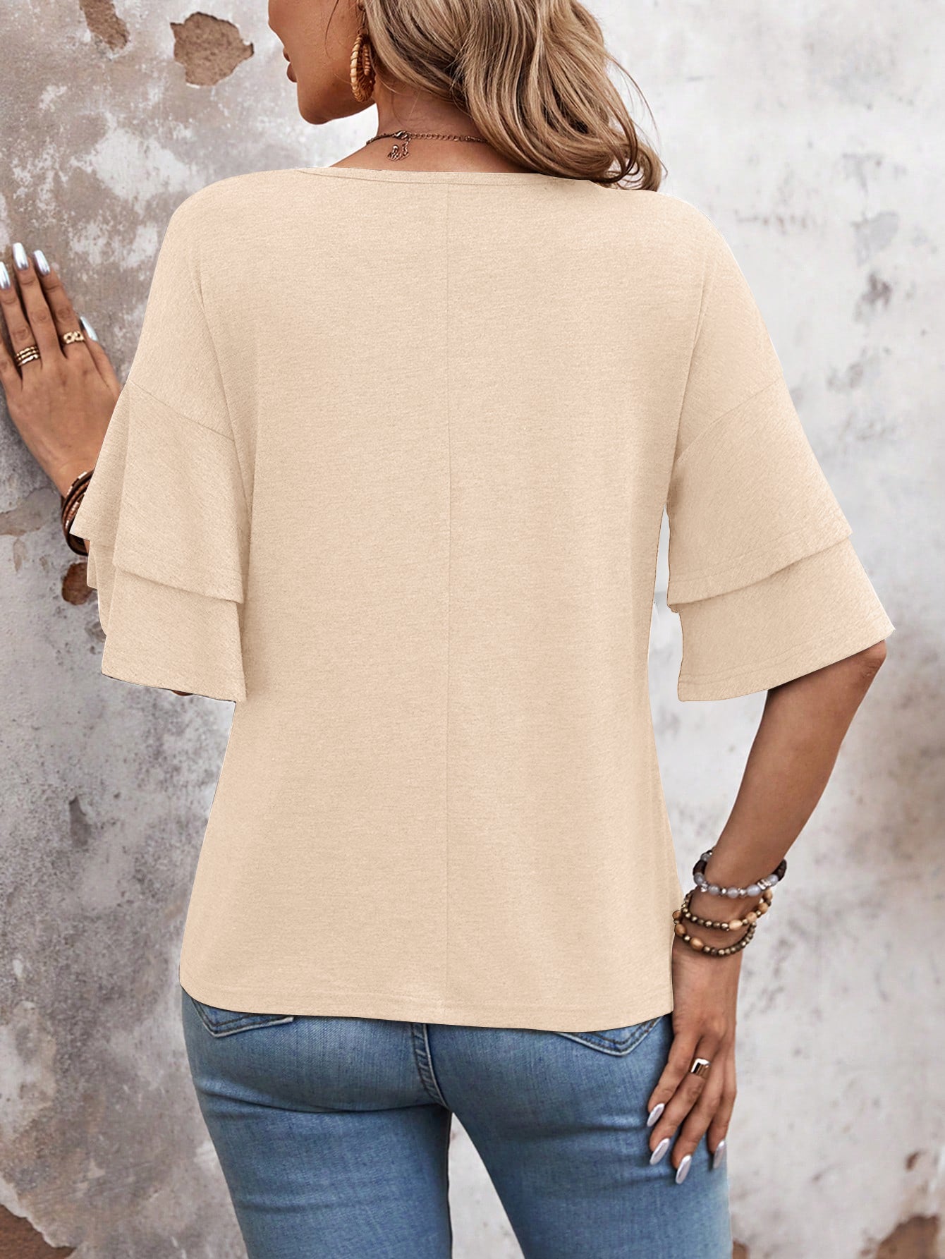 Apricot-Women's Shirt Ruffle Sleeve T-Shirt V-Neck Double Layer Bell Sleeve Top