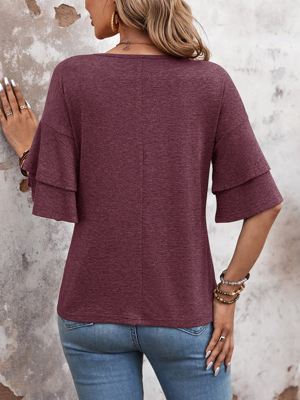 Redwood-Women's Shirt Ruffle Sleeve T-Shirt V-Neck Double Layer Bell Sleeve Top
