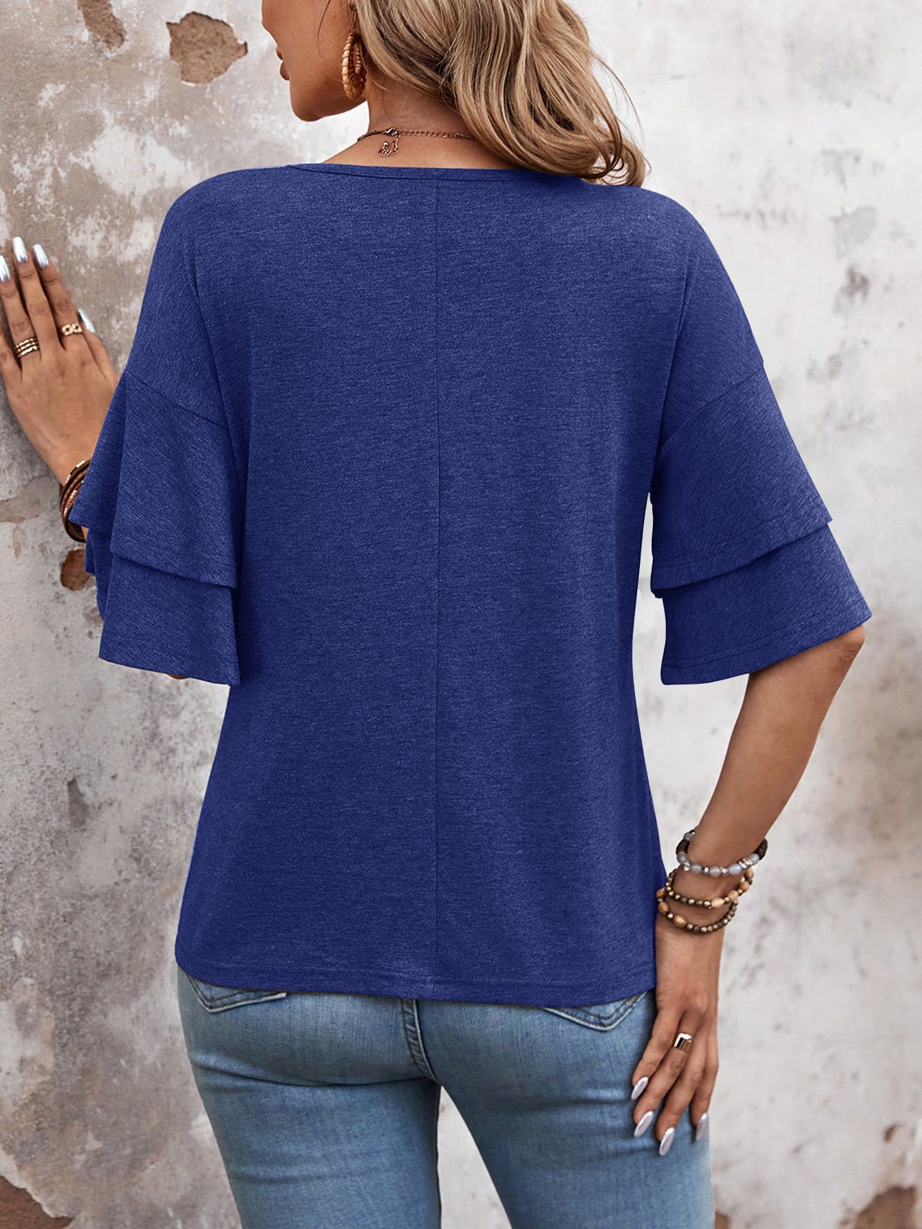 Navy Blue-Women's Shirt Ruffle Sleeve T-Shirt V-Neck Double Layer Bell Sleeve Top