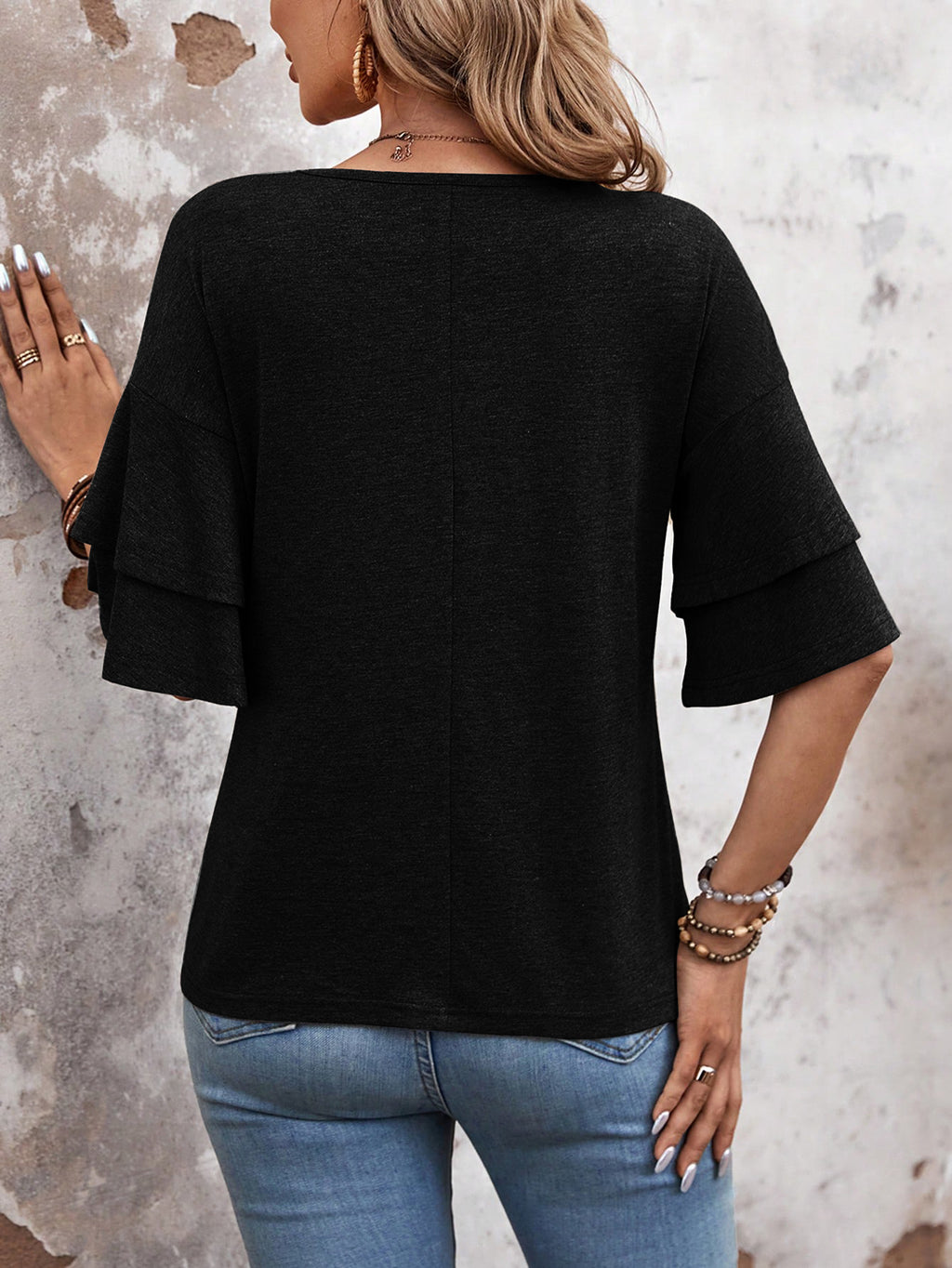 Black - Women's Shirt Ruffle Sleeve T-Shirt V-Neck Double Layer Bell Sleeve Top