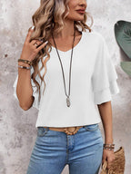 White - Women's Shirt Ruffle Sleeve T-Shirt V-Neck Double Layer Bell Sleeve Top