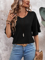 Black - Women's Shirt Ruffle Sleeve T-Shirt V-Neck Double Layer Bell Sleeve Top