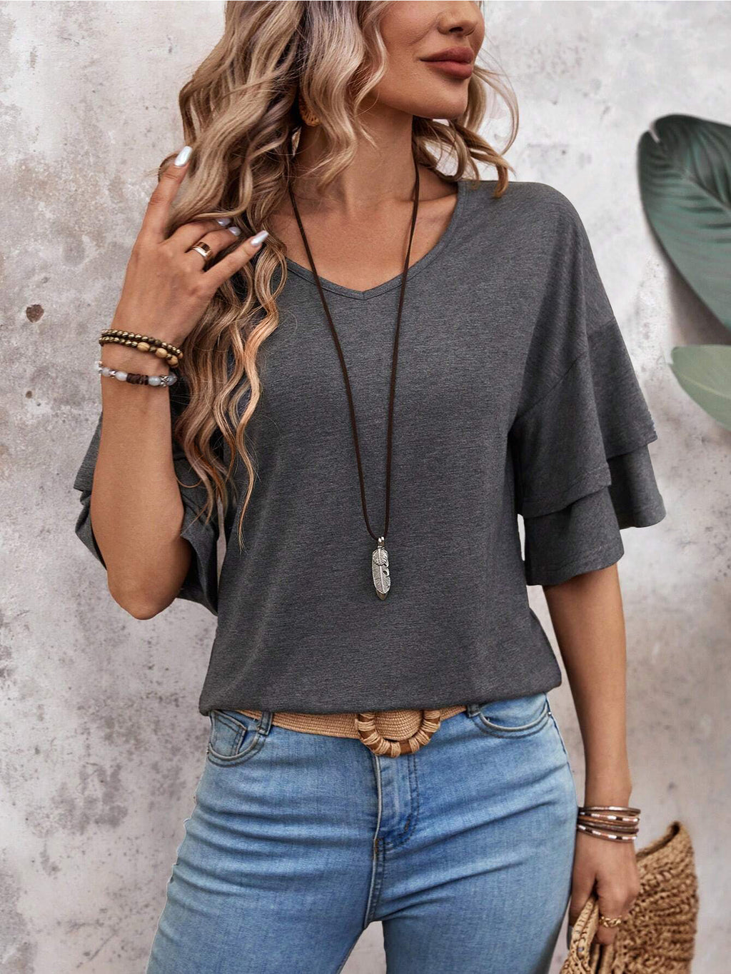 Grey-Women's Shirt Ruffle Sleeve T-Shirt V-Neck Double Layer Bell Sleeve Top