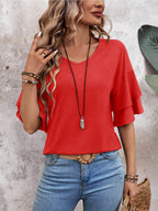Red - Women's Shirt Ruffle Sleeve T-Shirt V-Neck Double Layer Bell Sleeve Top