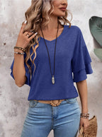 Navy Blue-Women's Shirt Ruffle Sleeve T-Shirt V-Neck Double Layer Bell Sleeve Top