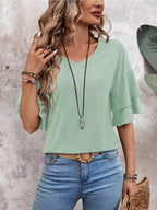 Grass Green-Women's Shirt Ruffle Sleeve T-Shirt V-Neck Double Layer Bell Sleeve Top