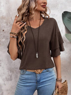 Coffee Brown-Women's Shirt Ruffle Sleeve T-Shirt V-Neck Double Layer Bell Sleeve Top