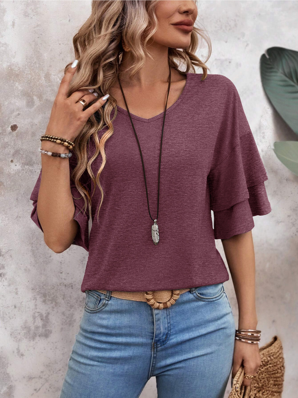 Redwood-Women's Shirt Ruffle Sleeve T-Shirt V-Neck Double Layer Bell Sleeve Top