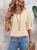Apricot-Women's Shirt Ruffle Sleeve T-Shirt V-Neck Double Layer Bell Sleeve Top
