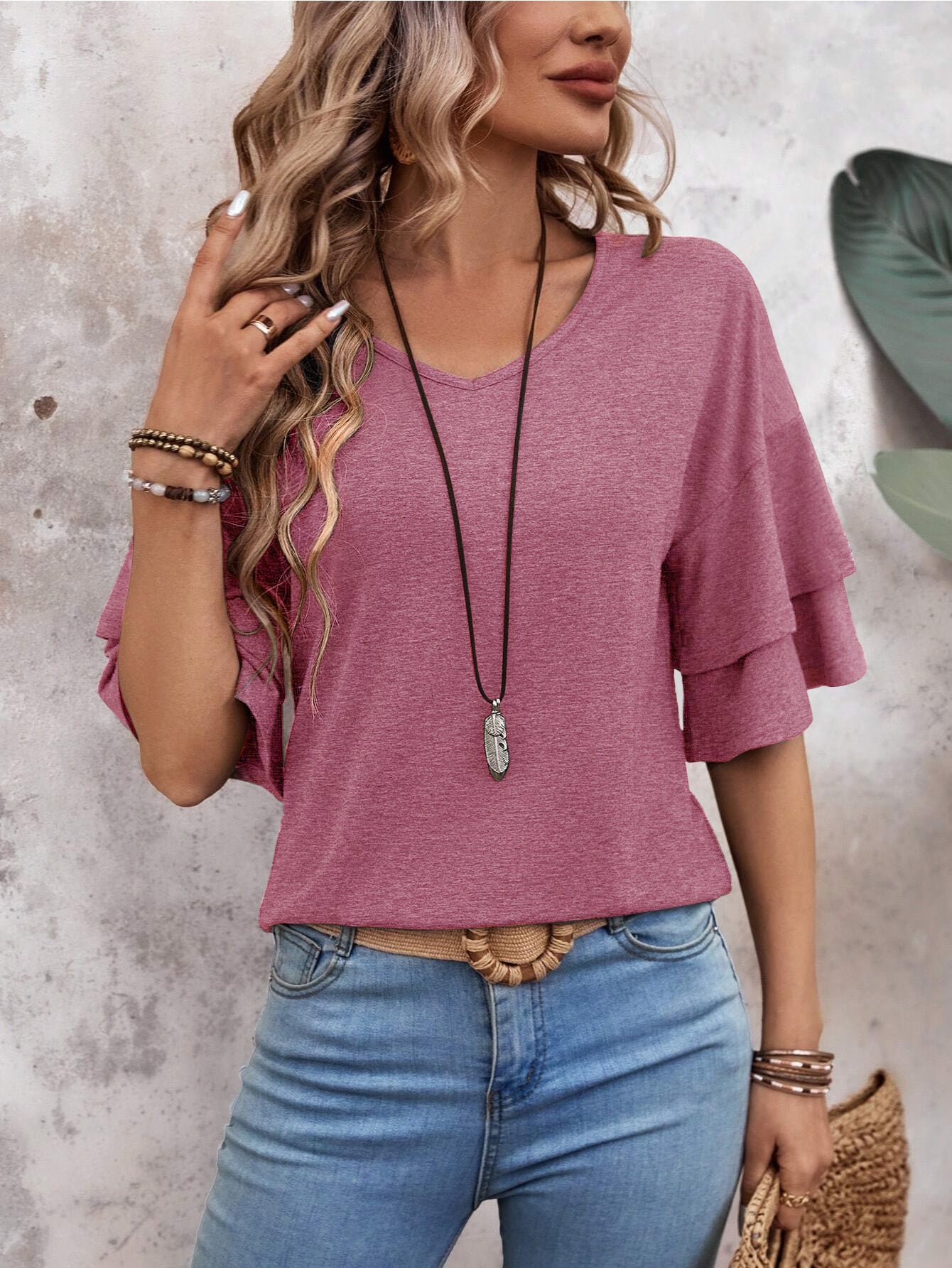 Rose-Women's Shirt Ruffle Sleeve T-Shirt V-Neck Double Layer Bell Sleeve Top