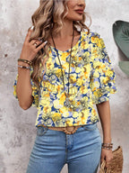 Floral Yellow-Women's Shirt Ruffle Sleeve T-Shirt V-Neck Double Layer Bell Sleeve Top