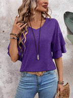 Purple - Women's Shirt Ruffle Sleeve T-Shirt V-Neck Double Layer Bell Sleeve Top