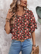 Floral Red White-Women's Shirt Ruffle Sleeve T-Shirt V-Neck Double Layer Bell Sleeve Top