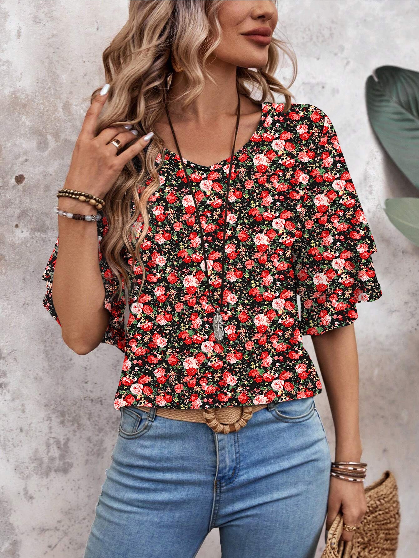 Floral Red White-Women's Shirt Ruffle Sleeve T-Shirt V-Neck Double Layer Bell Sleeve Top
