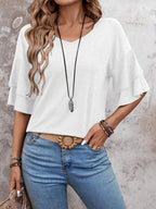 White - Women's Shirt Ruffle Sleeve T-Shirt V-Neck Double Layer Bell Sleeve Top