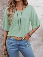 Grass Green-Women's Shirt Ruffle Sleeve T-Shirt V-Neck Double Layer Bell Sleeve Top