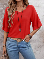 Red - Women's Shirt Ruffle Sleeve T-Shirt V-Neck Double Layer Bell Sleeve Top