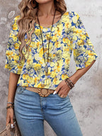 Floral Yellow-Women's Shirt Ruffle Sleeve T-Shirt V-Neck Double Layer Bell Sleeve Top