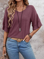 Redwood-Women's Shirt Ruffle Sleeve T-Shirt V-Neck Double Layer Bell Sleeve Top