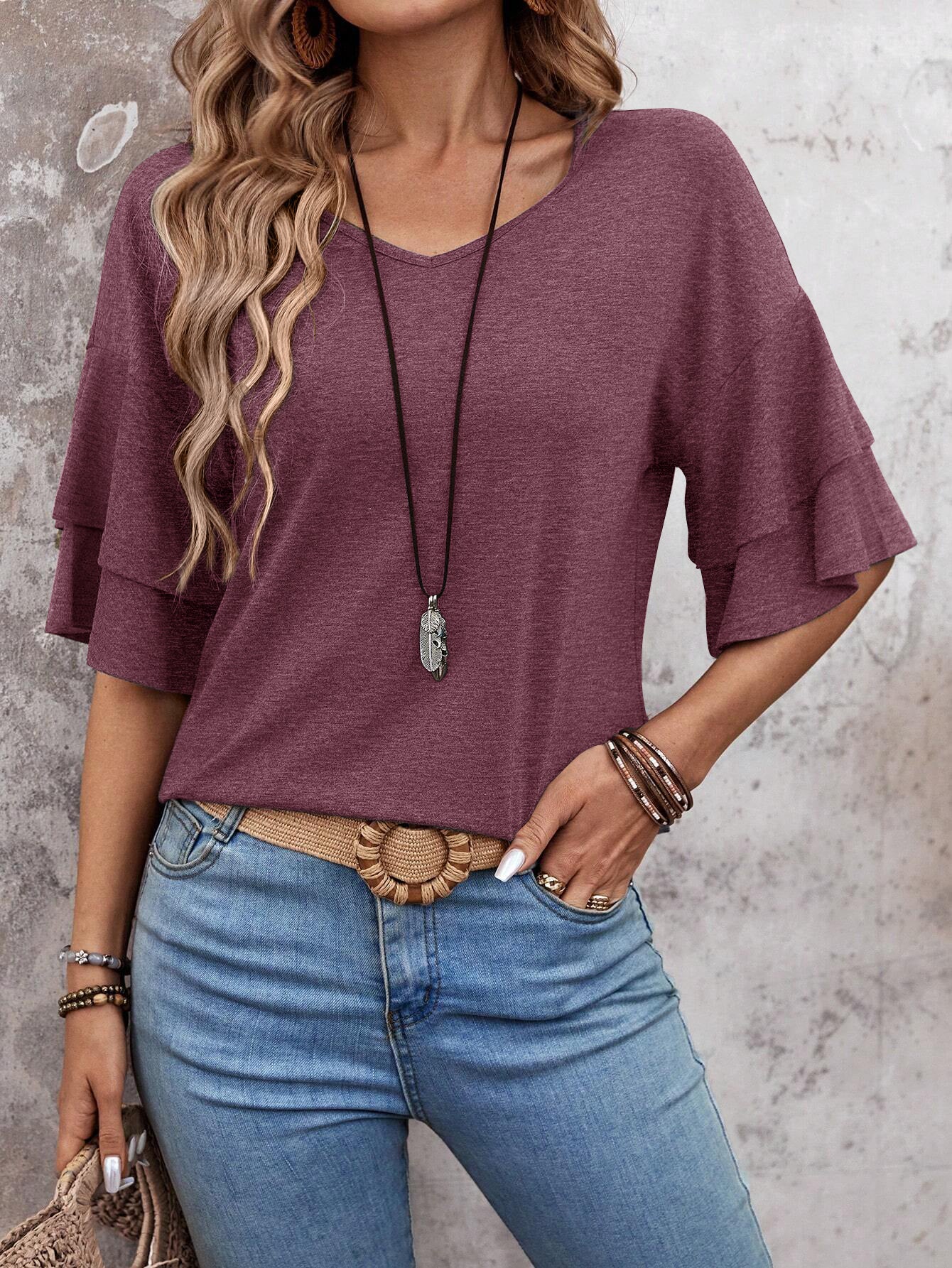 Redwood-Women's Shirt Ruffle Sleeve T-Shirt V-Neck Double Layer Bell Sleeve Top