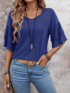 Navy Blue-Women's Shirt Ruffle Sleeve T-Shirt V-Neck Double Layer Bell Sleeve Top